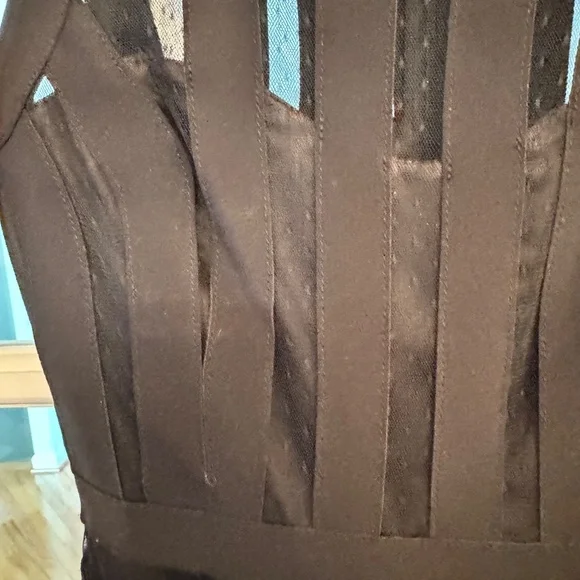 Sleeveless Banded Cocktail Dress Shape Midi Polka Dot Mesh, Black, SZ 00 - Picture 5 of 8